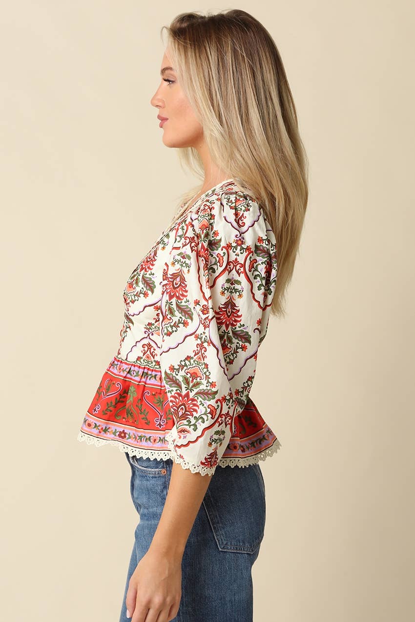 Cream Floral Peplum Blouse showing floral print