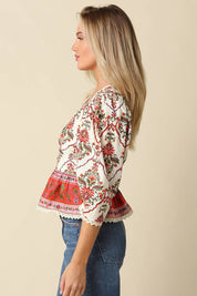 Cream Floral Peplum Blouse showing floral print
