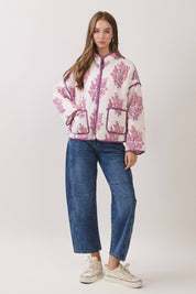 Floral Print Quilted Jacket showing stand collar