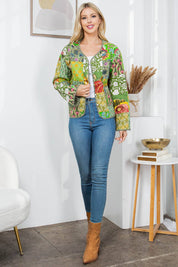 Green Floral Quilted Patch Reversible Jacket