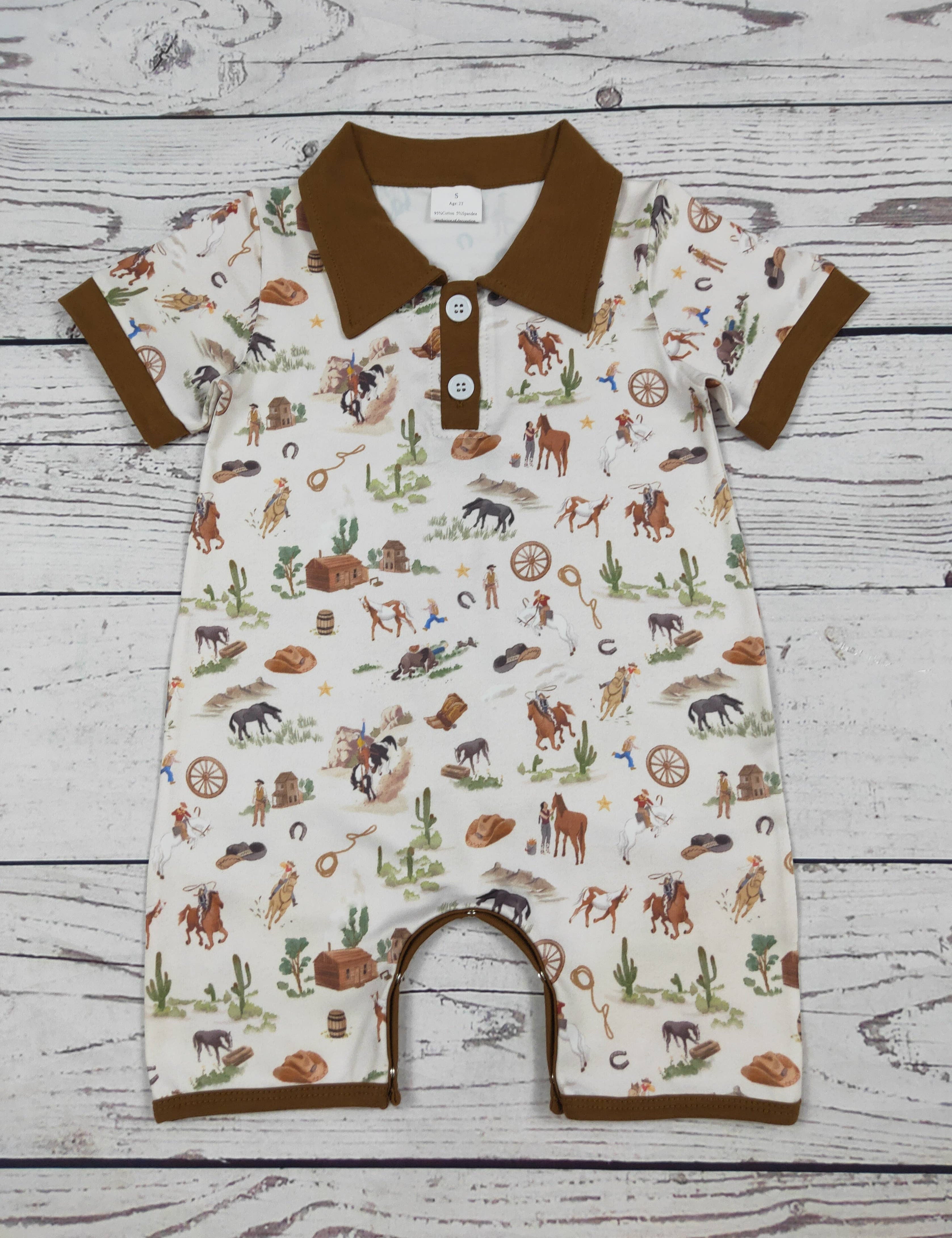 Baby Boy Western Summer Romper — color: ivory with a multicolor western print and collared