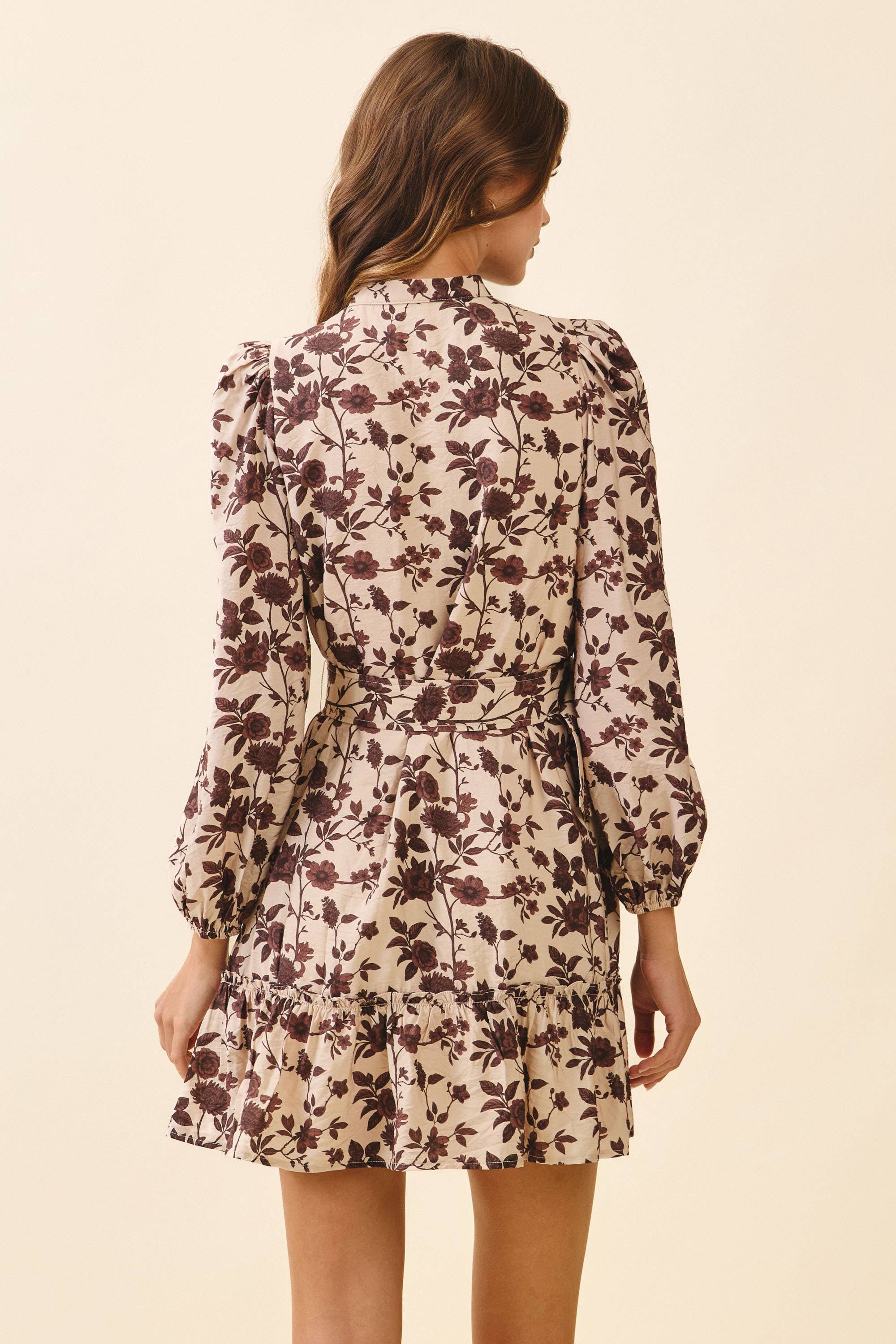 Floral Print High Neck Removable Buckle Belt Dress