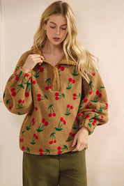 Cherry Printed Quarter Zip Sweater