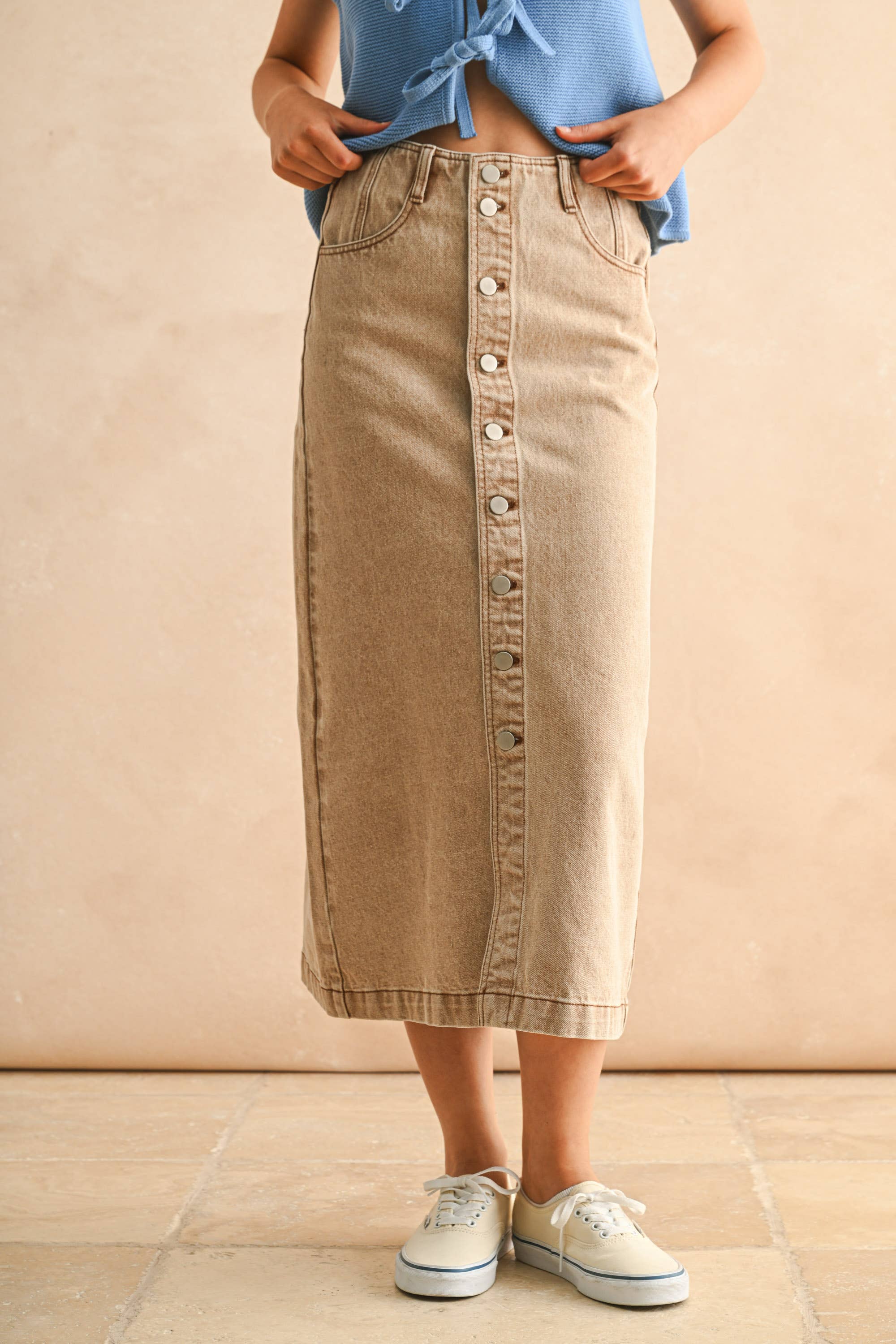 Gray Button Front Washed Skirt