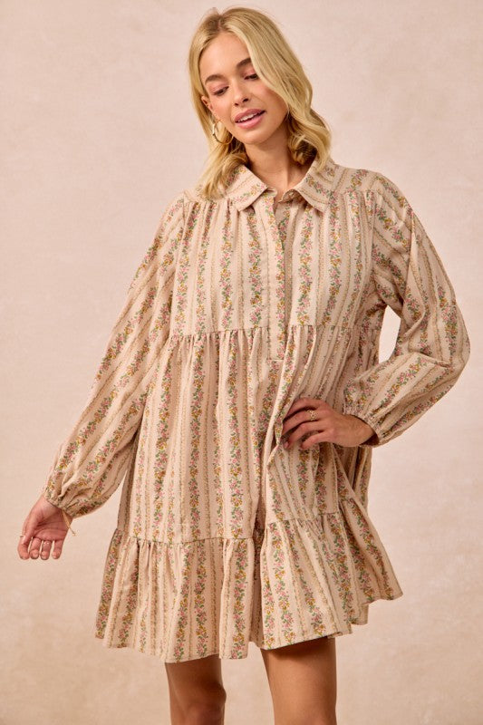 Cream Floral Print Buttoned Shirt Dress