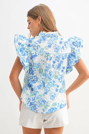 Blue Floral Ruffle Frilly Blouse