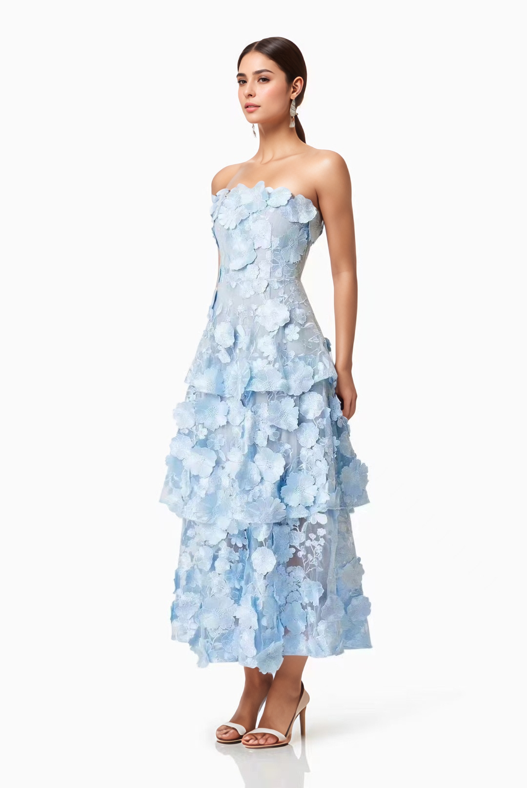 Blue 3D Flower Strapless Dress