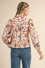 Cream Floral Ruffled Button Down Top