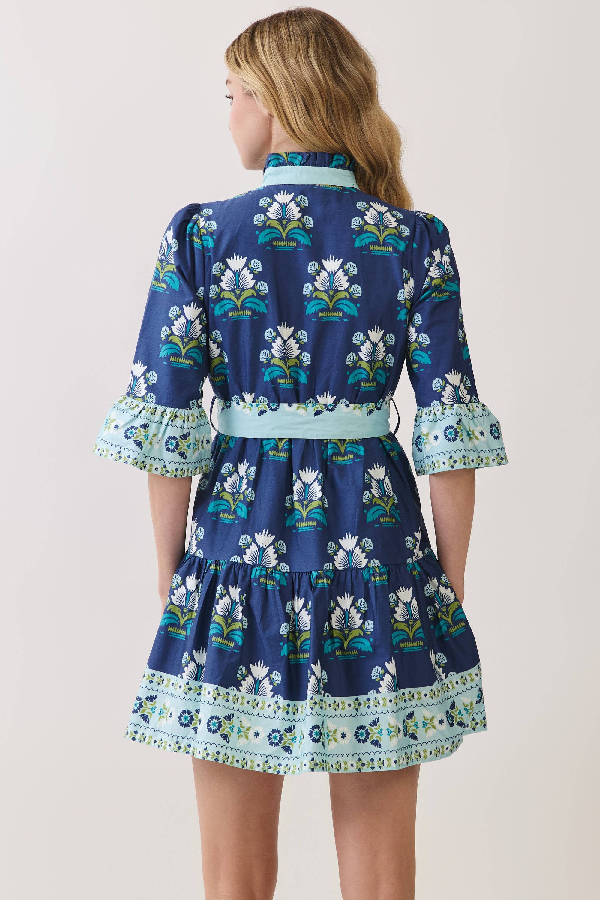 Floral Print Tiered Mini Dress with Waist Tie