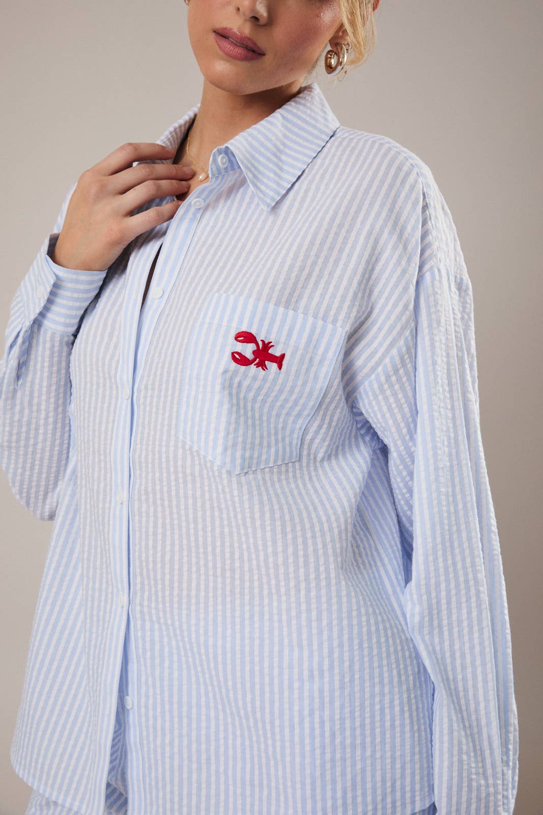 Light Blue & White Stripe Lobster Button Down