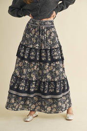 Black Ruffle Tiered Print Midi Skirt