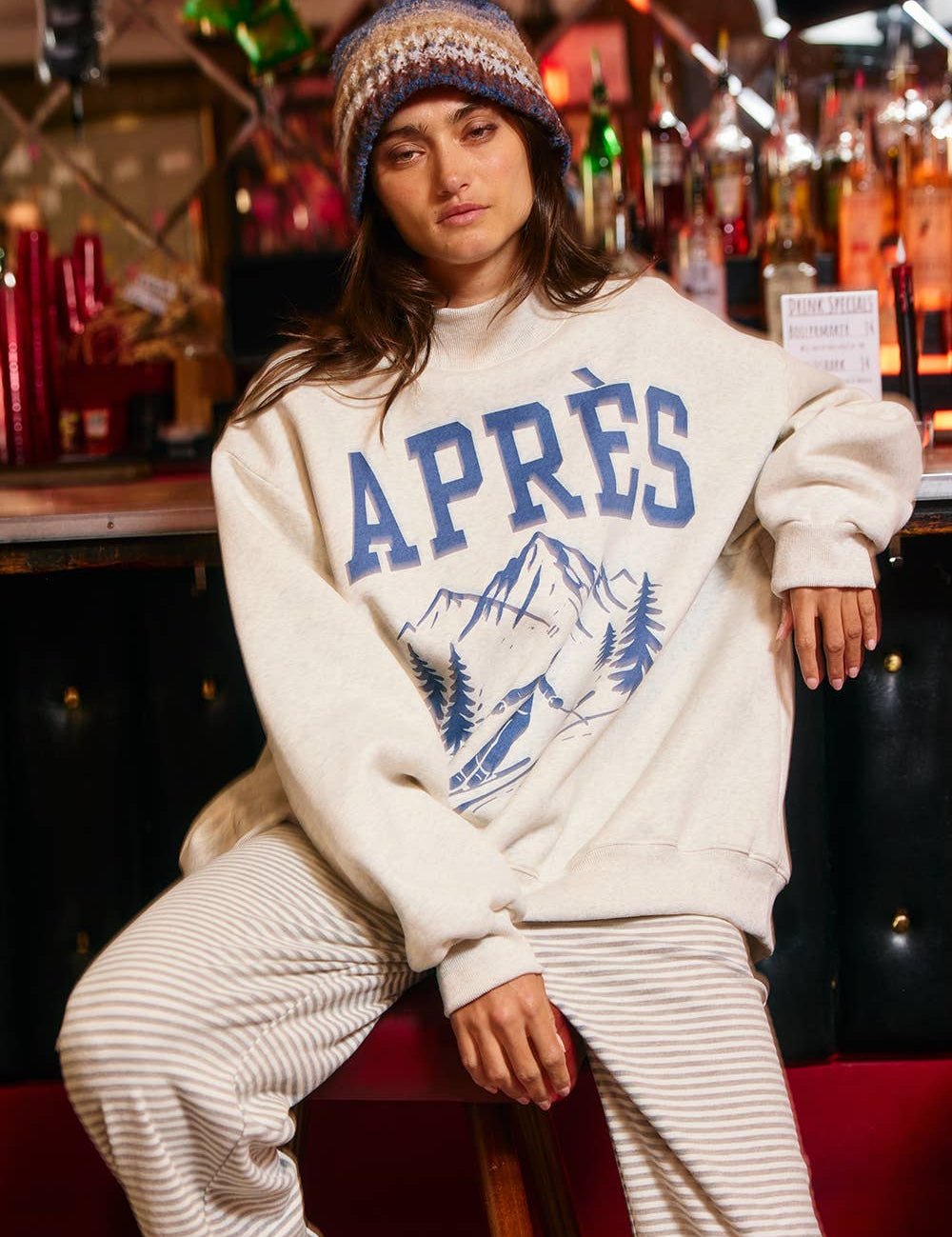 SKI Reversible MockNeck — color: cream with blue graphics and mock neckline