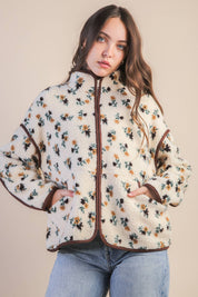 White Floral Printed Fleece Sherpa Jacket