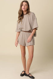 Brown & Cream Striped Elastic-Waist Shorts