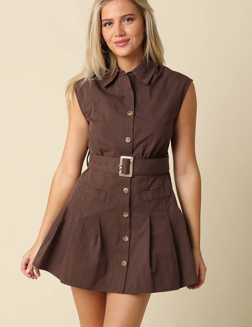 Brown Belted Sleeveless Shirt Dress — belt and front button