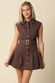 Brown Belted Sleeveless Shirt Dress — belt and front button