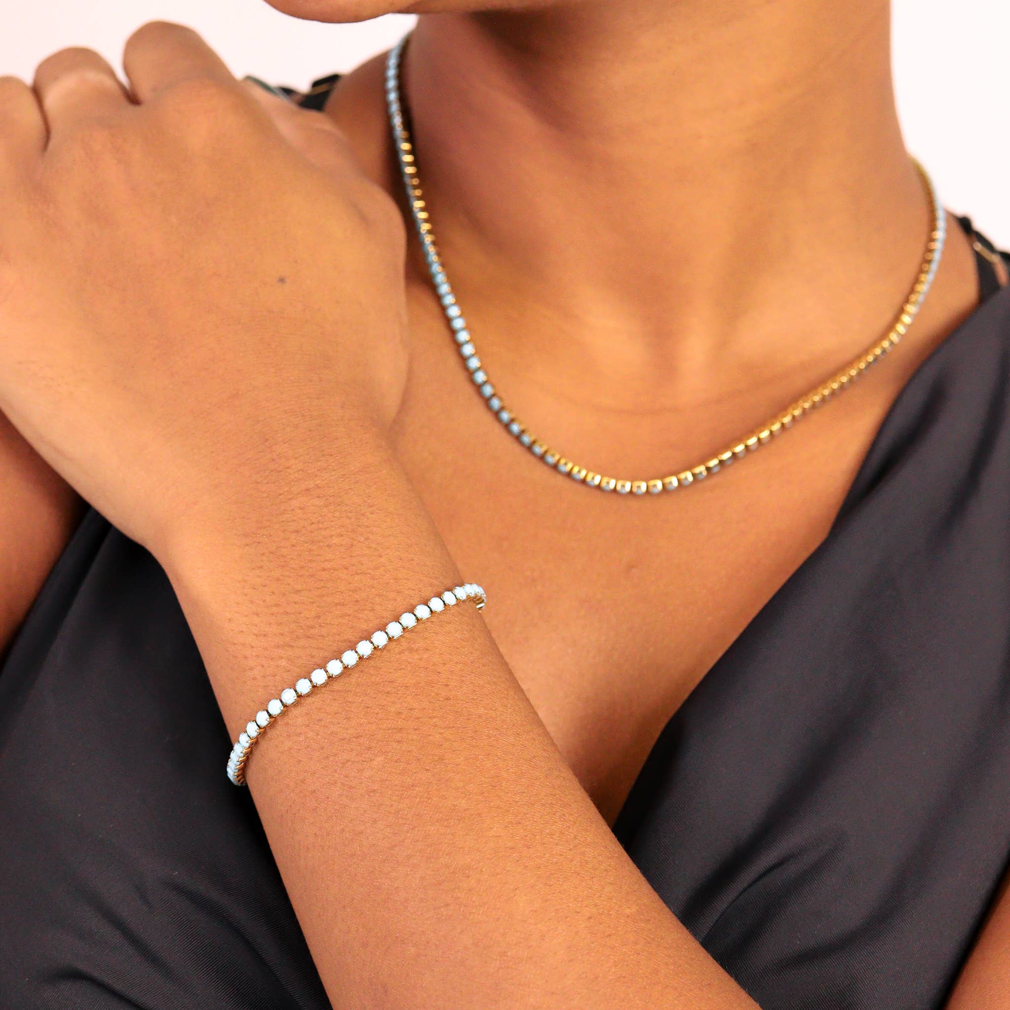 18k Gold Turquoise Rhinestone Tennis Chain Necklace