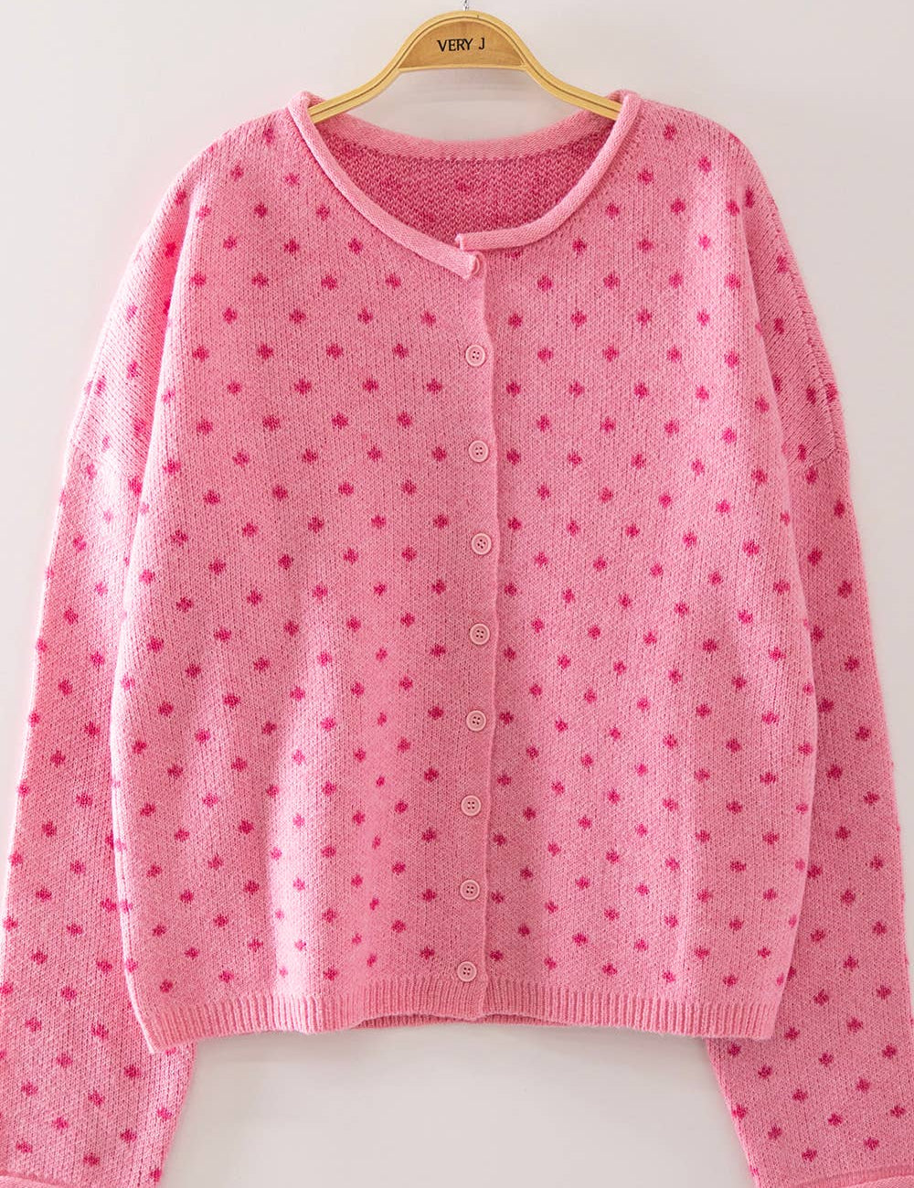 Pink Polka Dot Sweater — round neckline and drop shoulder