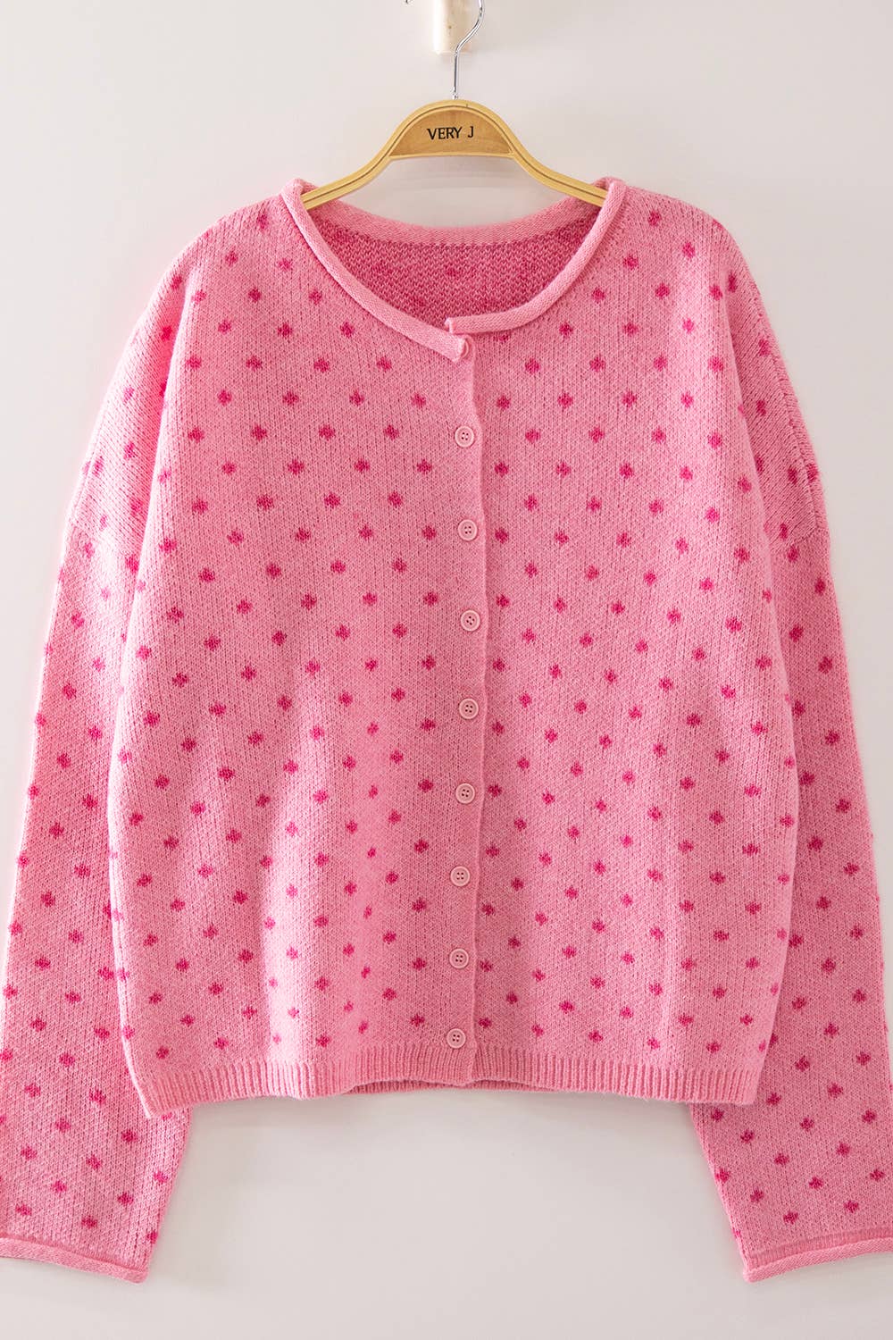 Pink Polka Dot Sweater — round neckline and drop shoulder