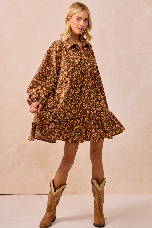 Brown Floral Print Corduroy Dress