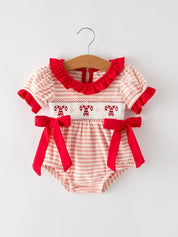 Christmas Candy Cane Smocking Embroidery Striped Baby Girls Romper