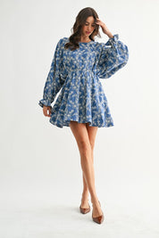 Blue Embroidered Long Sleeve Mini Dress