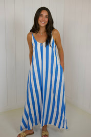 Blue Stripe Open Back Maxi Dress