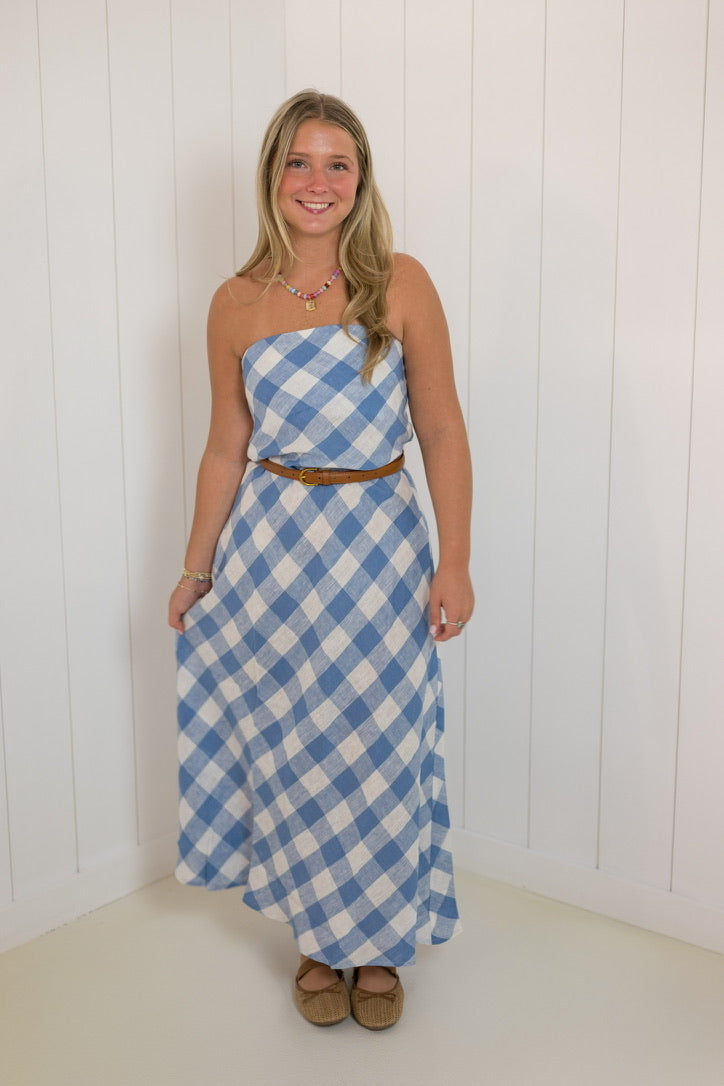 Blue Strapless Gingham Linen Dress — straight neckline for a clean and back zipper closure