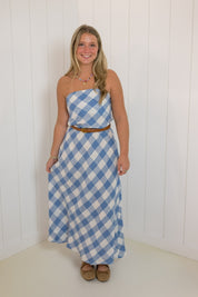 Blue Strapless Gingham Linen Dress — straight neckline for a clean and back zipper closure