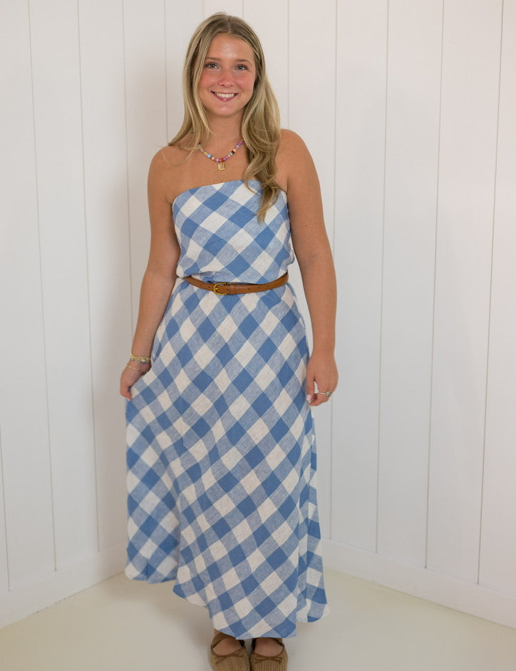 Blue Strapless Gingham Linen Dress — straight neckline for a clean and back zipper closure