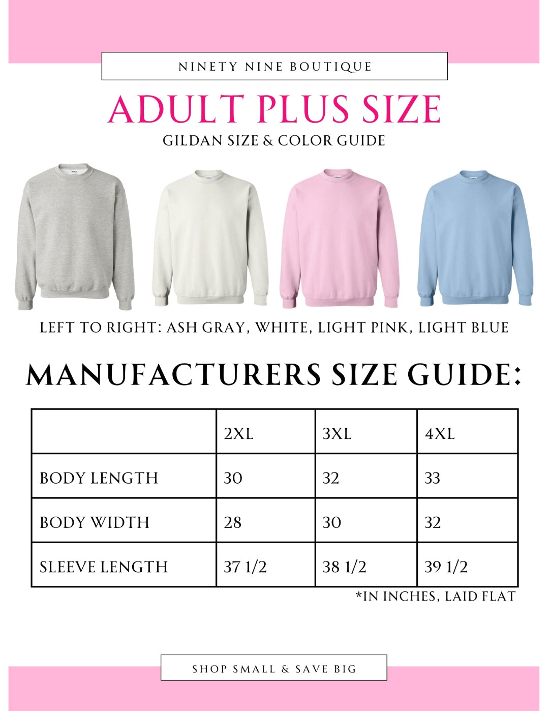 Adult Plus Size Gildan Size & Color Guide