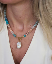Costal Pearl Beaded Necklace — mixed natural gemstones and real baroque pearl pendant