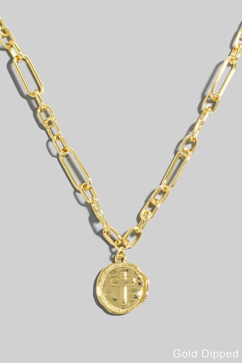 Gold Dipped Cross Coin Pendant Chain Necklace