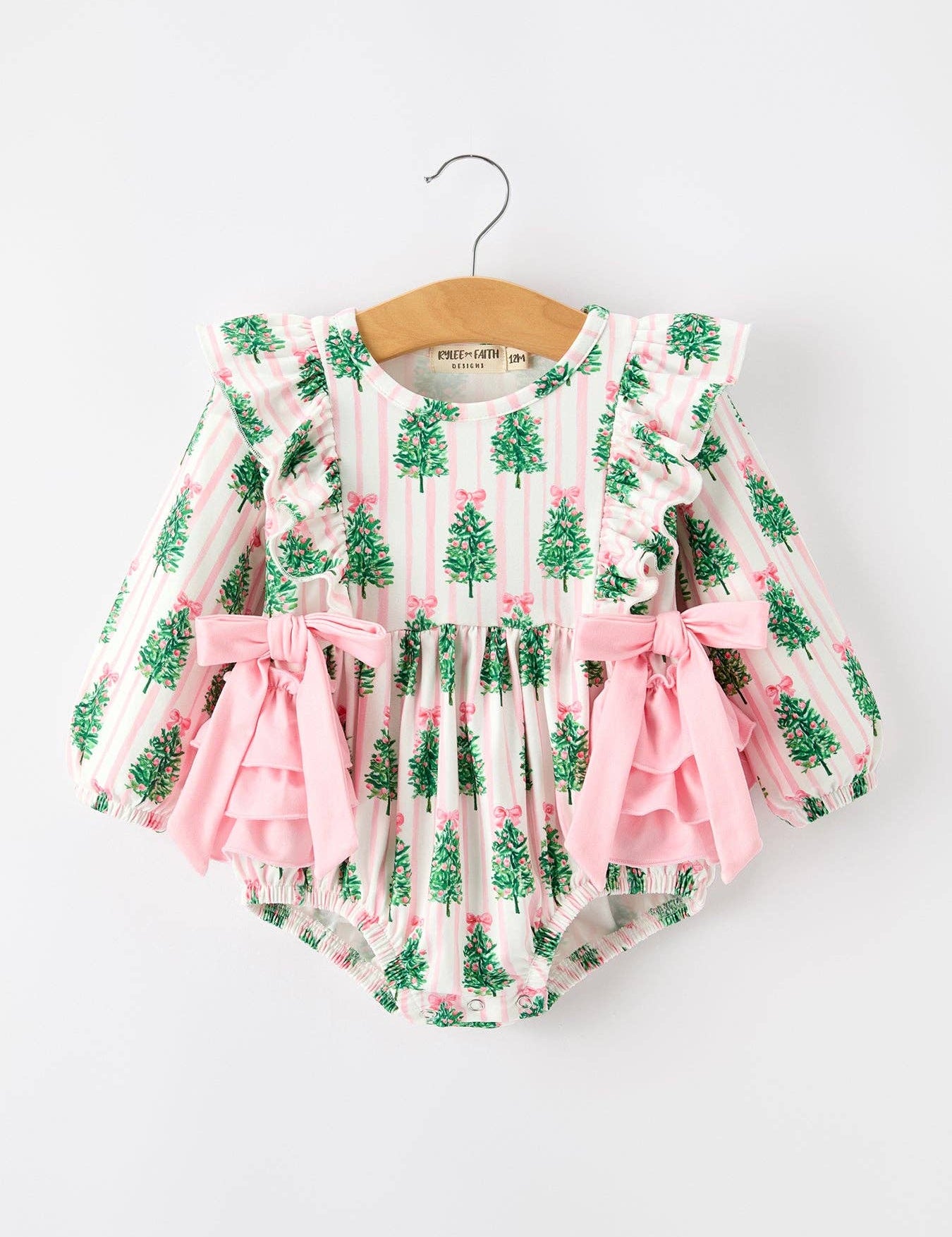 Christmas Tree Ruffle Bubble Romper — ruffle details and long sleeves