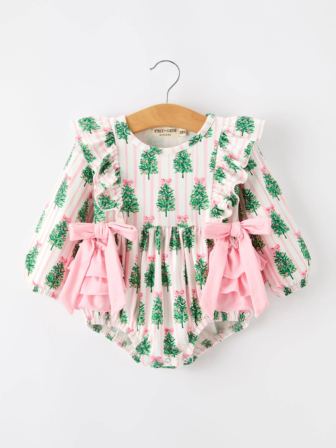 Christmas Tree Ruffle Bubble Romper — ruffle details and long sleeves