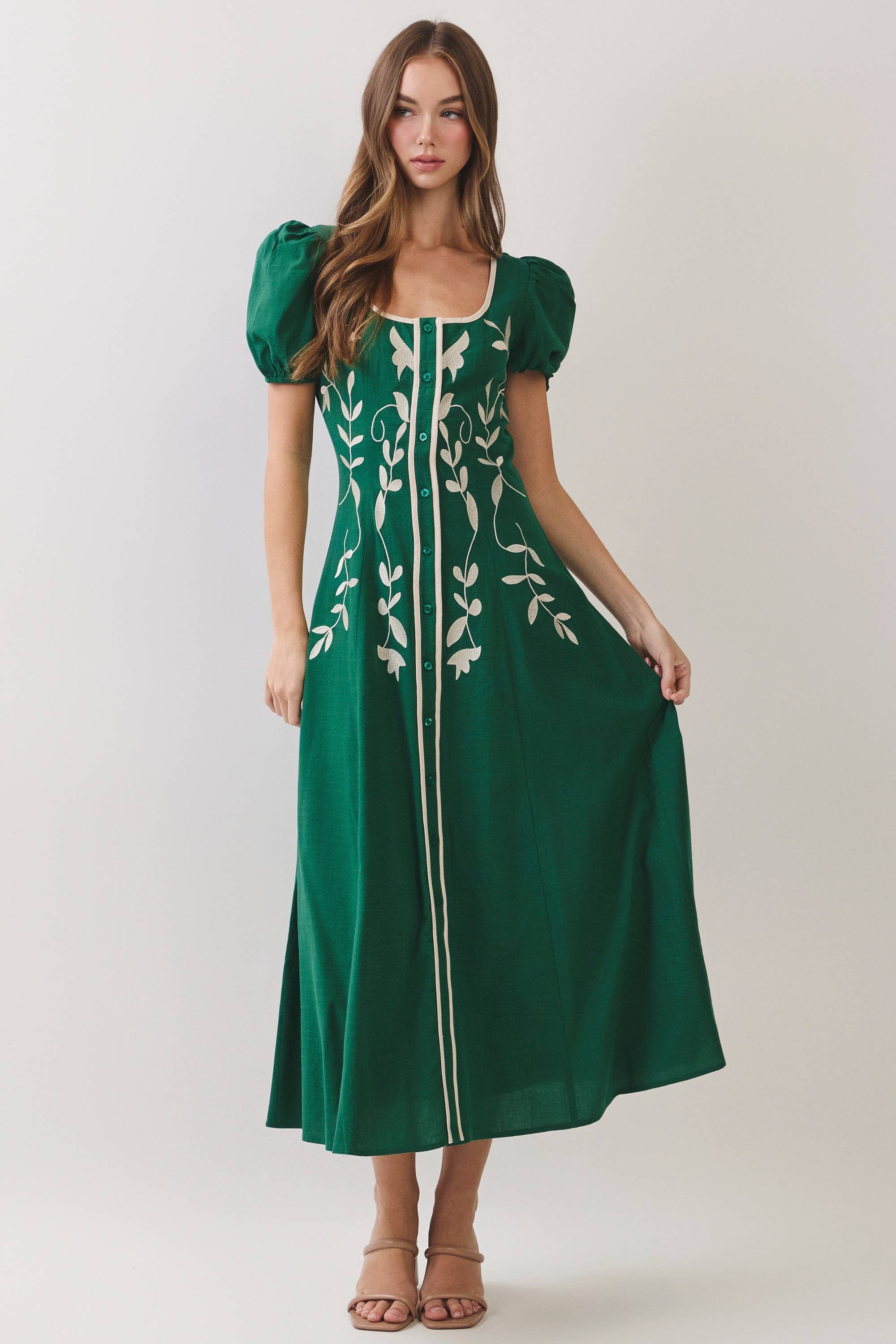Green Embroidered Puff Sleeve Midi Dress