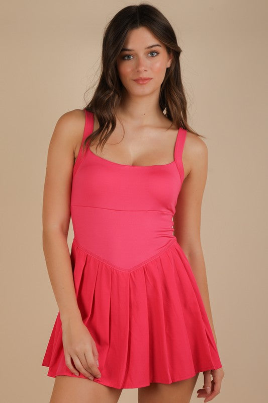Pink Pleated Skirt Activewear Dress W/ Under Shorts