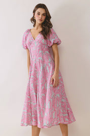 Pink Tropical Puff Sleeve Midi Dress