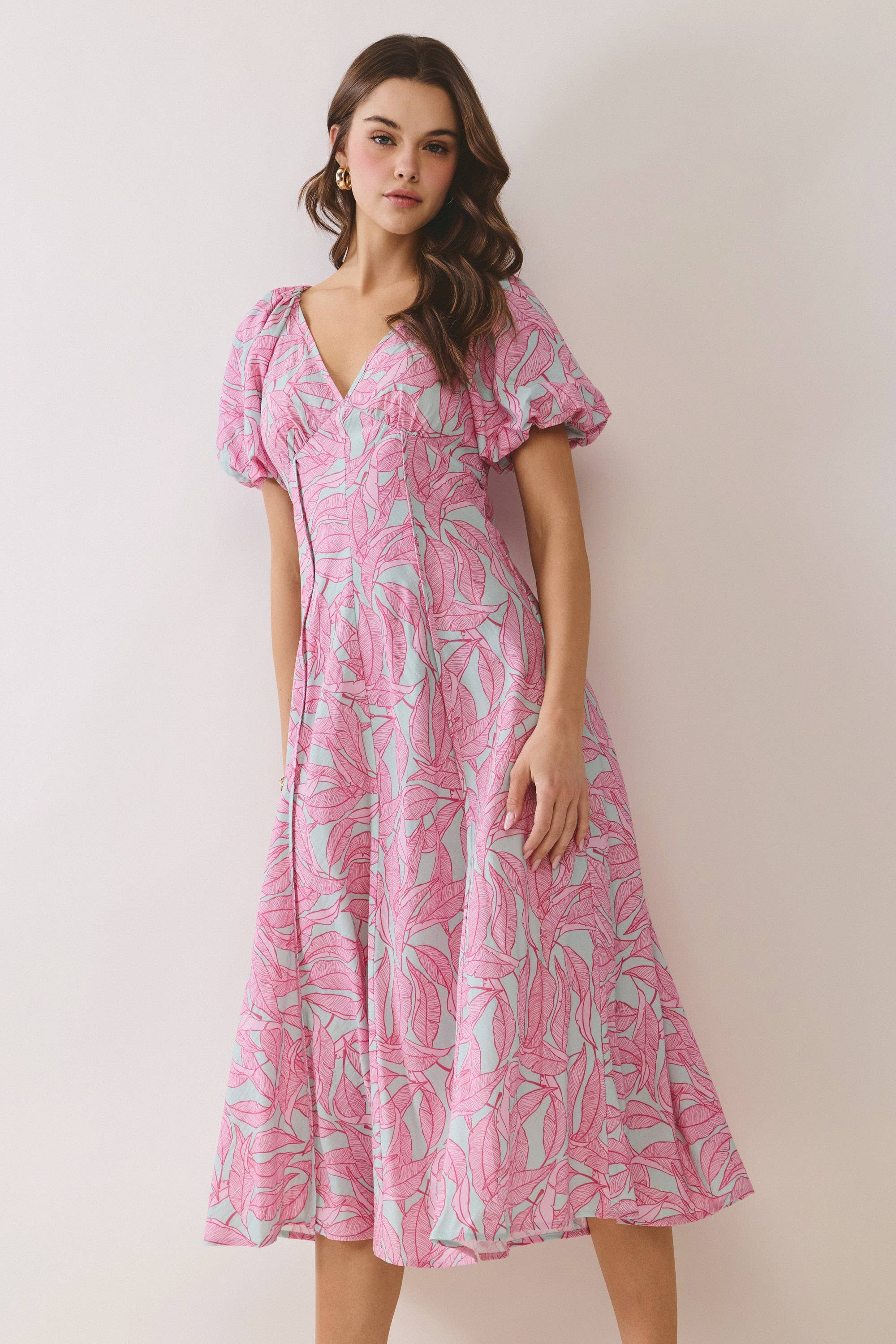 Pink Tropical Puff Sleeve Midi Dress