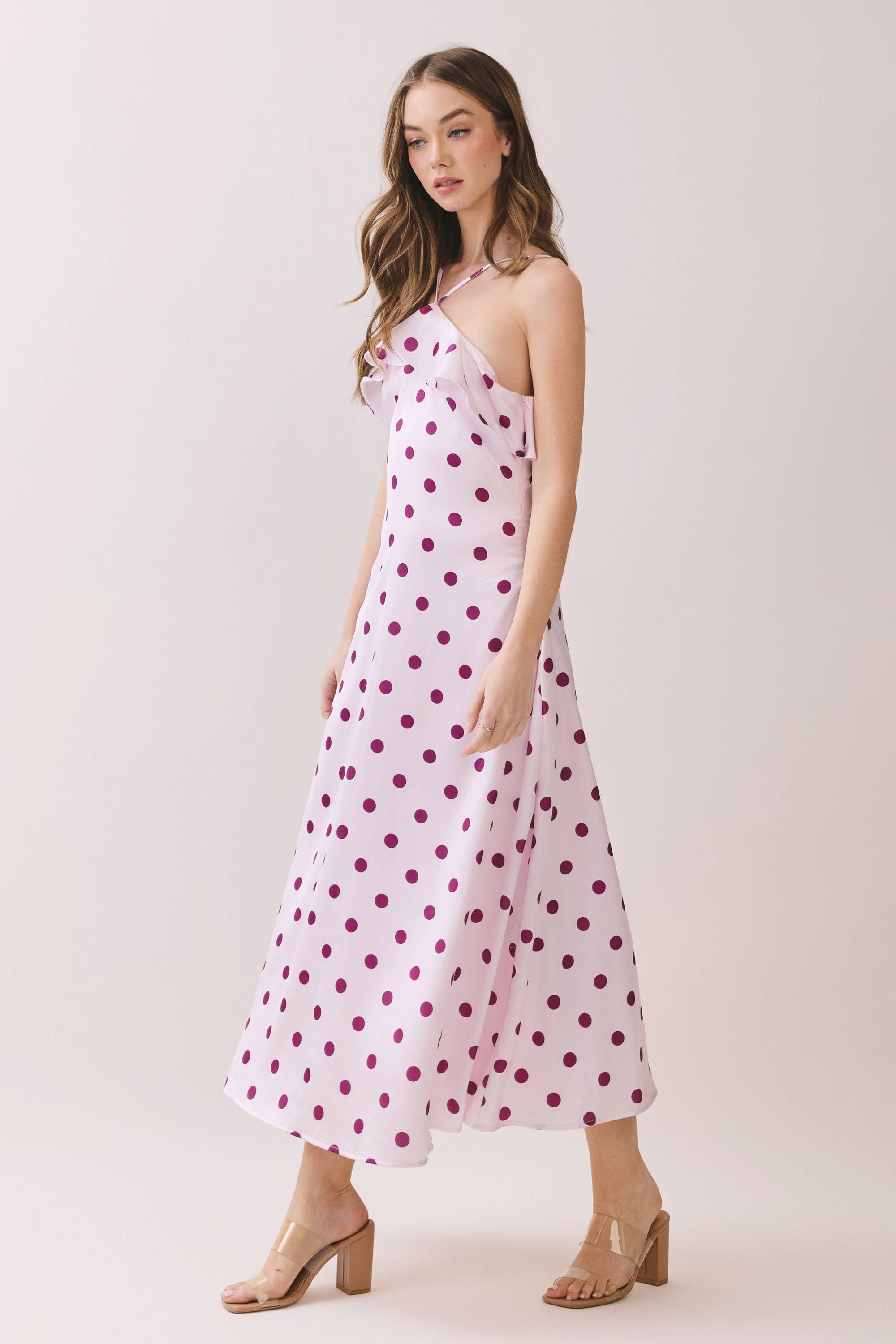 Pink Polka Dot Ruffle Trim Dress