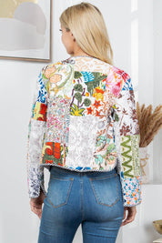 White Floral Print Quilted Patch Reversible Jacket