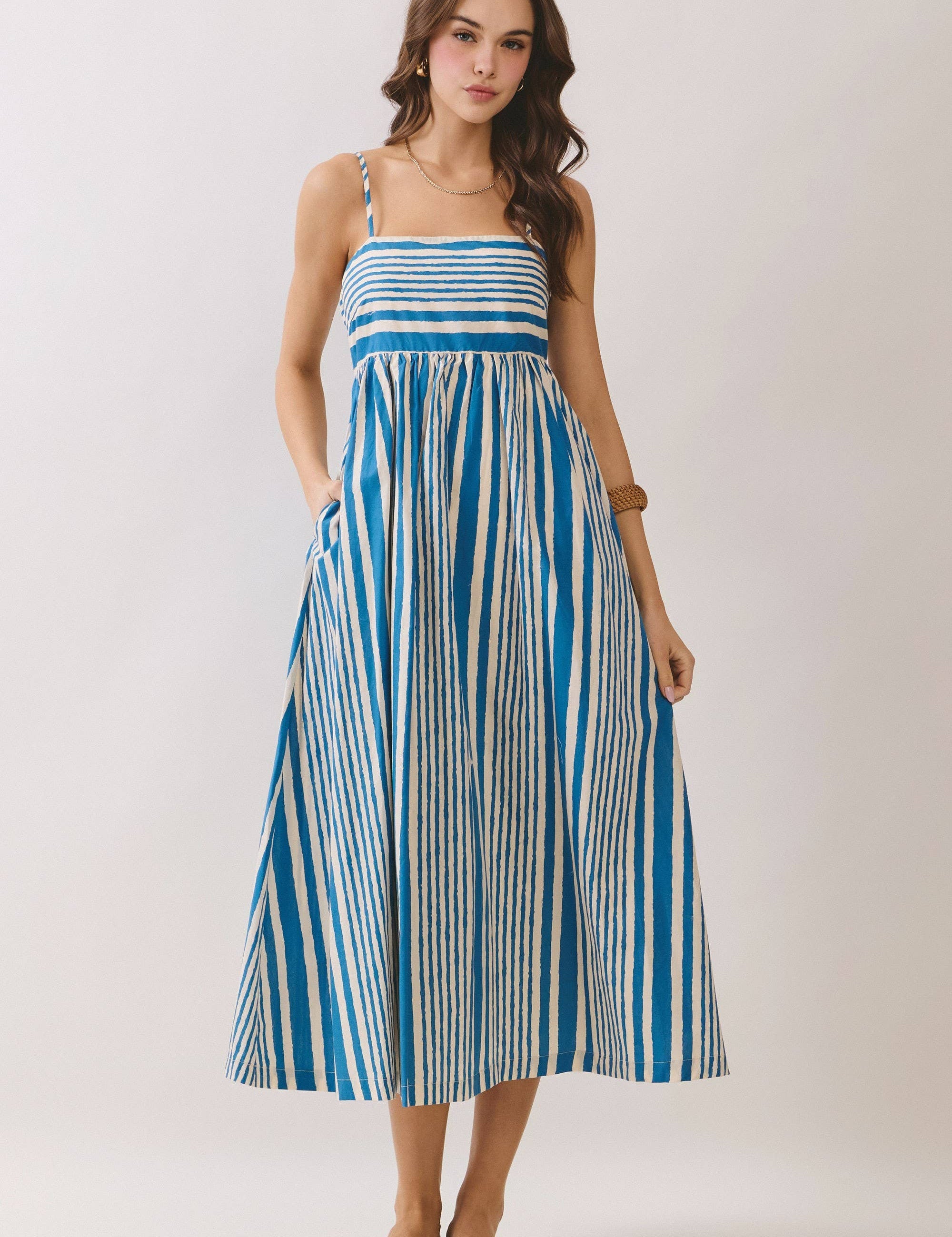 Blue Stripe Smocked Midi Dress