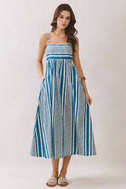 Blue Stripe Smocked Midi Dress