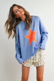 Blue Drop Shoulder Star Pattern Sweater