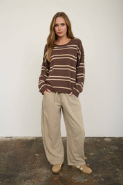 Brown Striped Pullover showing exposed seam detailing at the shoulders and sleeves