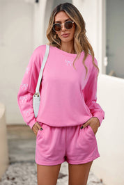 Pink & White Bow Embroidered Pullover & Shorts Set