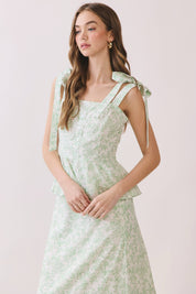 Green Floral Print Shoulder Tie Top