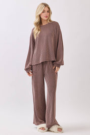Brown Ribbed Knit Top and Wide Leg Pants Set