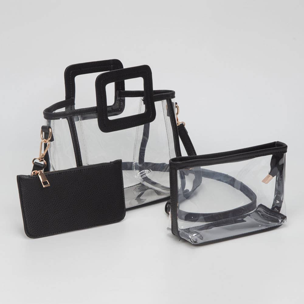 Transparent 3-piece Crossbody Handbag Set: Clear,Silver