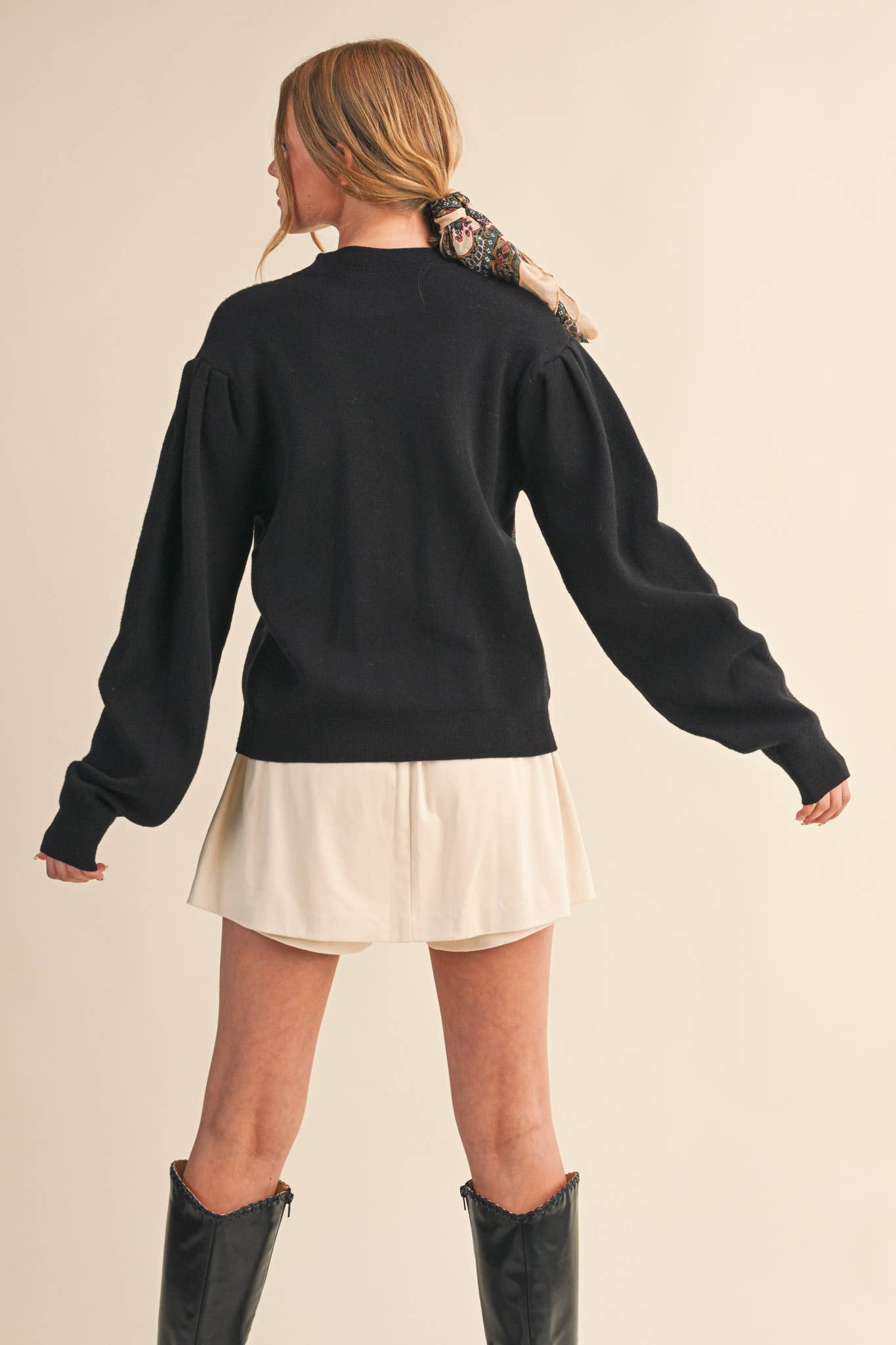 Black Mock Neck Puff Sleeve Sweater